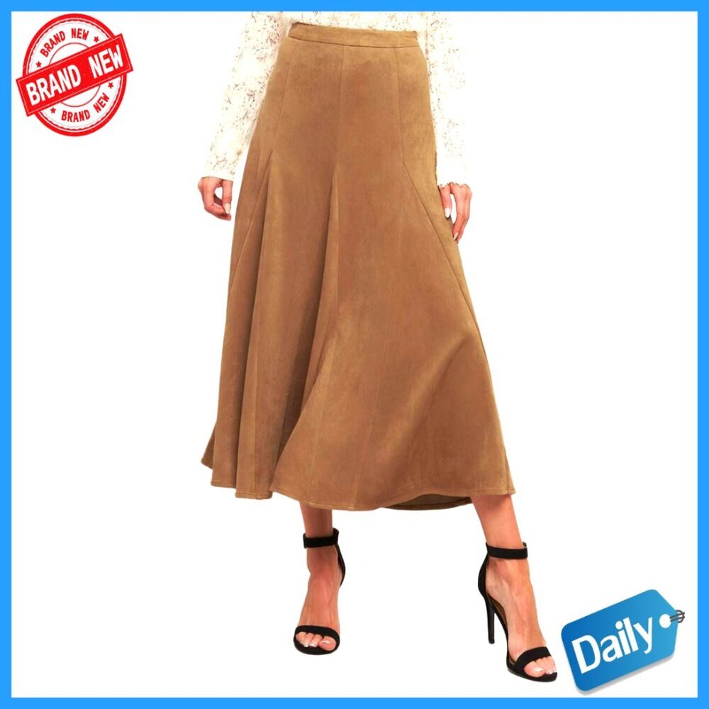 High Waisted Faux Suede Midi Skirt with Ruffle Patchwork Side Zipper